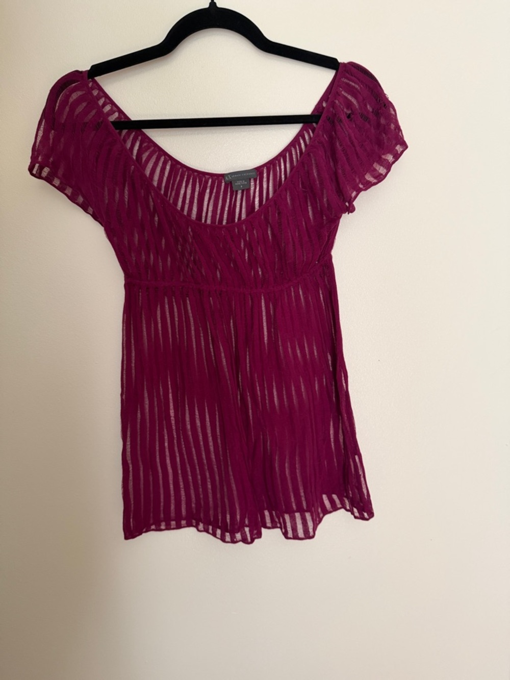 Vintage Armani Exchange Sheer Stripe Short Sleeve Top - Magenta